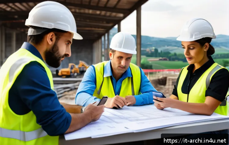 건축 실무에서 협상 전략 배우기 - A detailed construction site negotiation scene set in Italy, featuring a diverse group of profession...