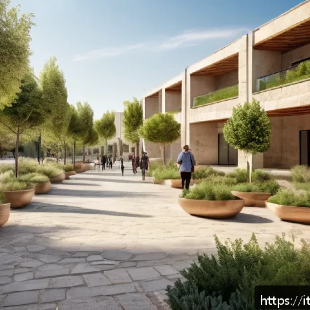 건축사의 윤리와 책임 - A modern sustainable urban square in a Mediterranean Italian town, featuring accessible green spaces...