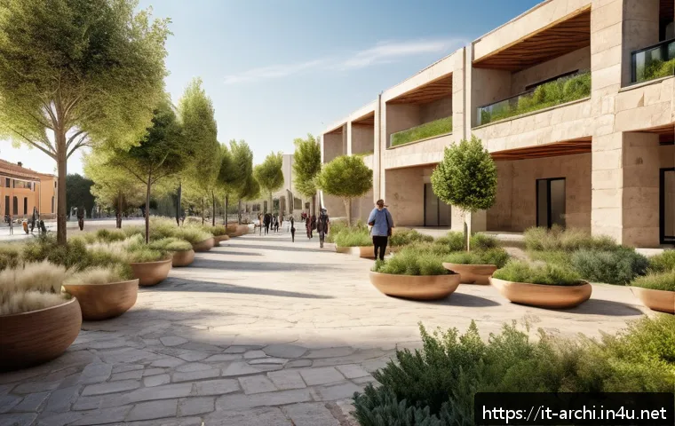 건축사의 윤리와 책임 - A modern sustainable urban square in a Mediterranean Italian town, featuring accessible green spaces...