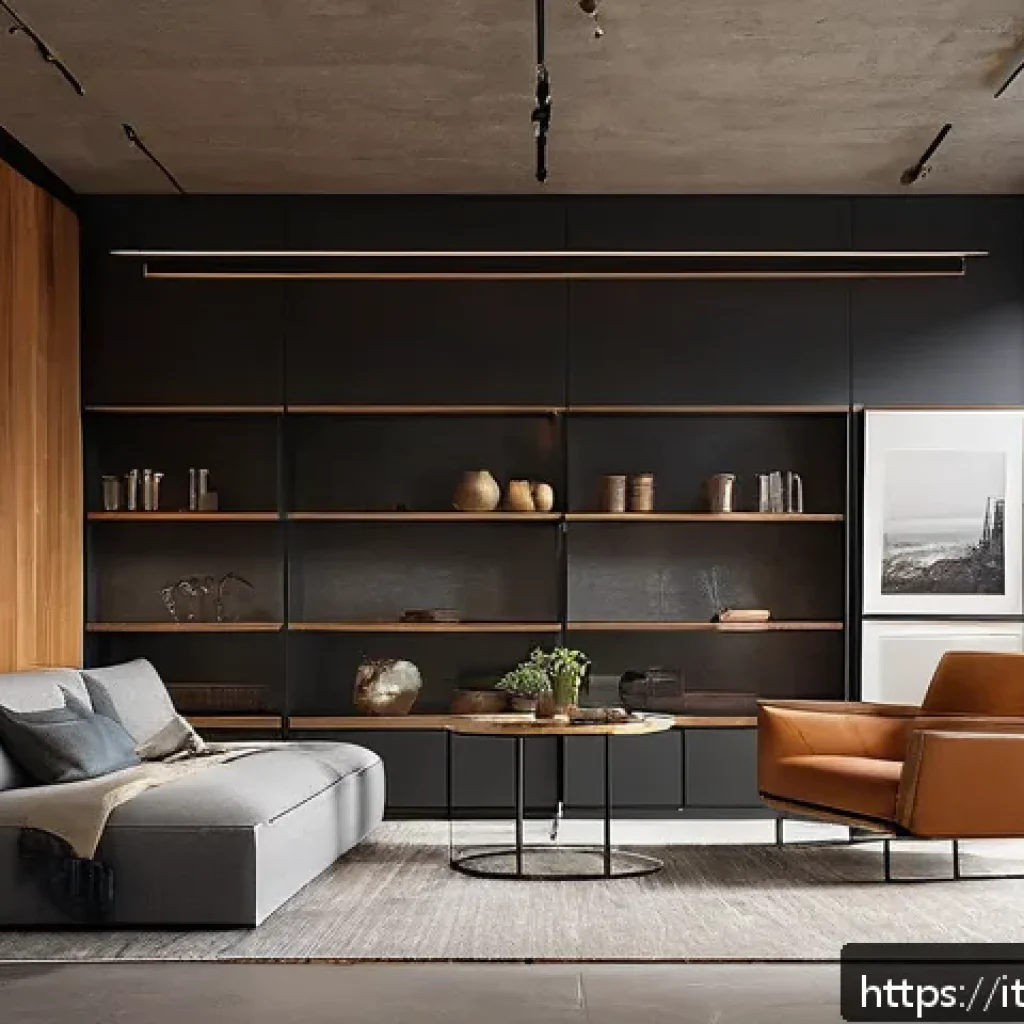 건축 설계의 미학적 접근과 실용성 균형 - A modern sustainable architectural interior showcasing certified wood paneling, recycled metal accen...