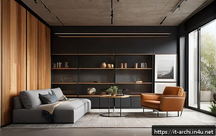 건축 설계의 미학적 접근과 실용성 균형 - A modern sustainable architectural interior showcasing certified wood paneling, recycled metal accen...