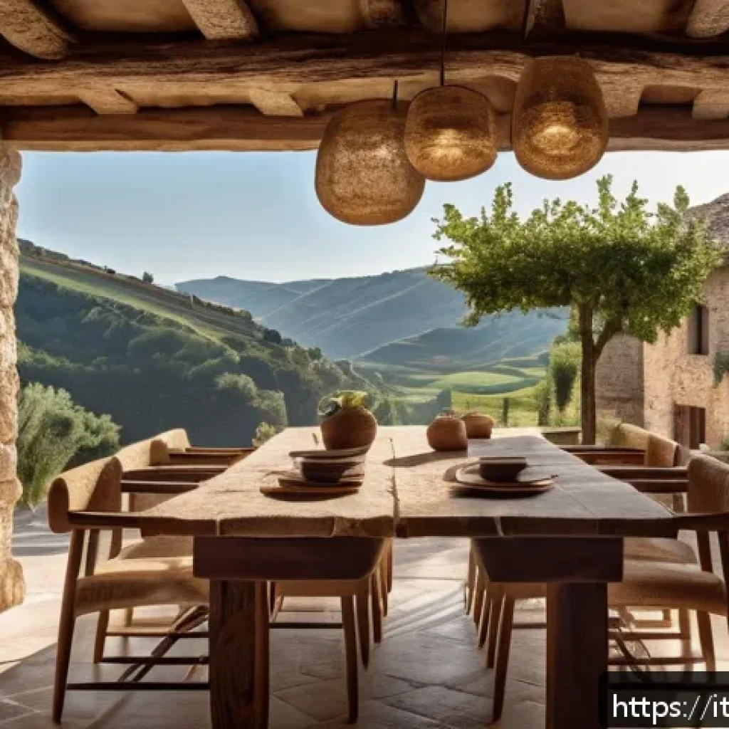 건축 디자인 과정에서 스토리텔링 - A warm, rustic interior of a rural Italian home featuring exposed rough-hewn wooden beams and natura...