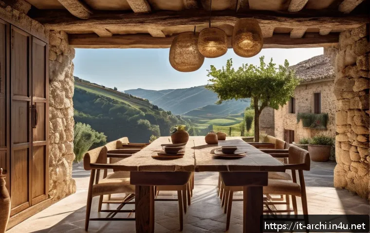 건축 디자인 과정에서 스토리텔링 - A warm, rustic interior of a rural Italian home featuring exposed rough-hewn wooden beams and natura...