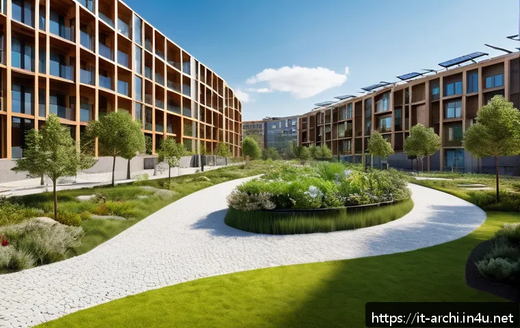 건축 관련 공모전 참여 사례 - A modern urban park design emphasizing sustainability and innovation, featuring lush green spaces in...