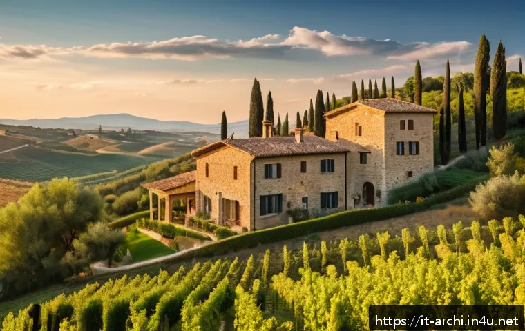 건축 설계에서 지역적 특성 반영 사례 - A rustic Tuscan villa nestled in rolling hills, showcasing traditional local materials such as warm ...