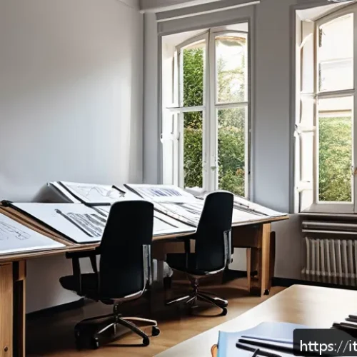 건축 실기 시험에서 자주 묻는 질문 정리 - An architect’s workspace during a practical exam, featuring a clear division of tasks on a large dra...