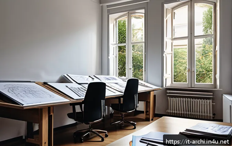 건축 실기 시험에서 자주 묻는 질문 정리 - An architect’s workspace during a practical exam, featuring a clear division of tasks on a large dra...