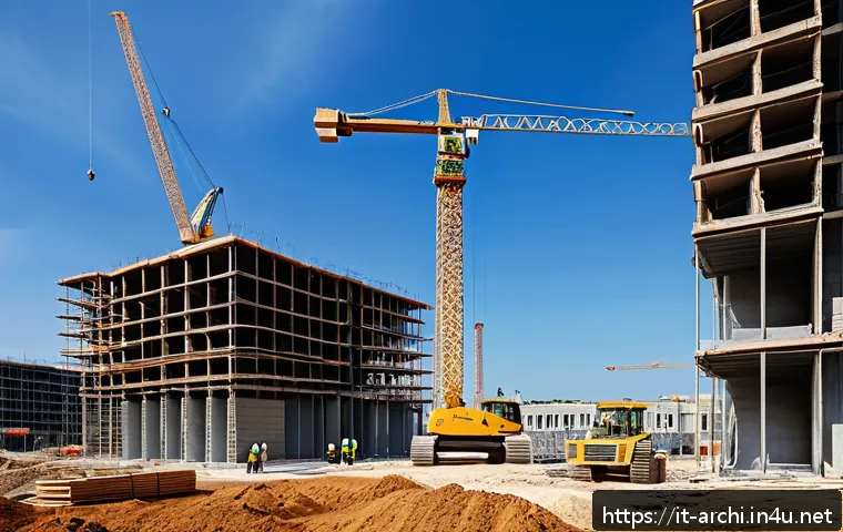 건축 프로젝트의 주요 실패 요인 분석 - A detailed construction site scene in Italy showing a realistic project timeline board with multiple...