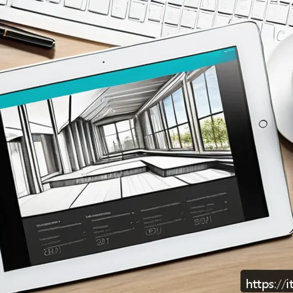 건축학도 취업 준비 가이드 - A professional architect’s portfolio layout displayed on a sleek digital tablet screen, featuring cl...