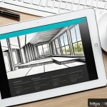 건축학도 취업 준비 가이드 - A professional architect’s portfolio layout displayed on a sleek digital tablet screen, featuring cl...