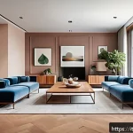 건축과 디자인 심리학 - A modern Italian living room bathed in soft natural light from large floor-to-ceiling windows, featu...