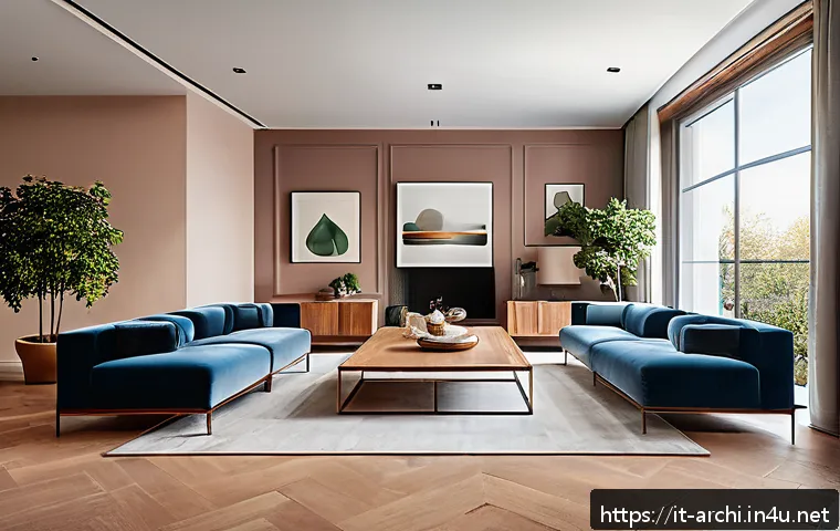 건축과 디자인 심리학 - A modern Italian living room bathed in soft natural light from large floor-to-ceiling windows, featu...