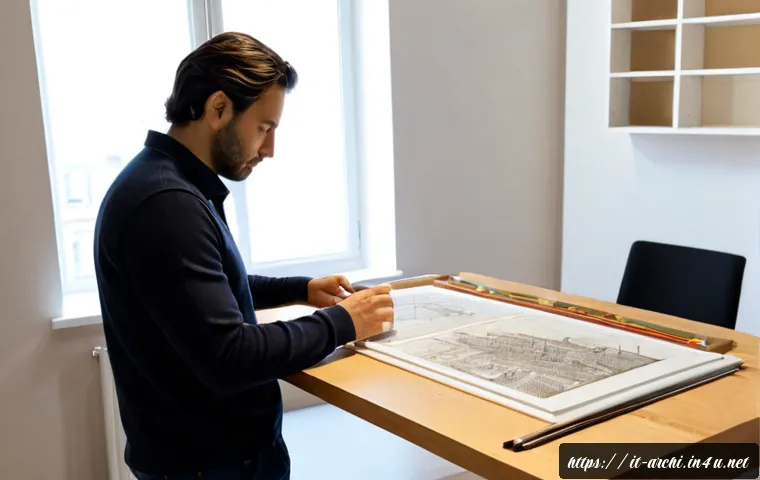 건축가로서의 자기 계발 - Photorealistic Italian architect in a bright Milan studio, thoughtfully reviewing a detailed physica...