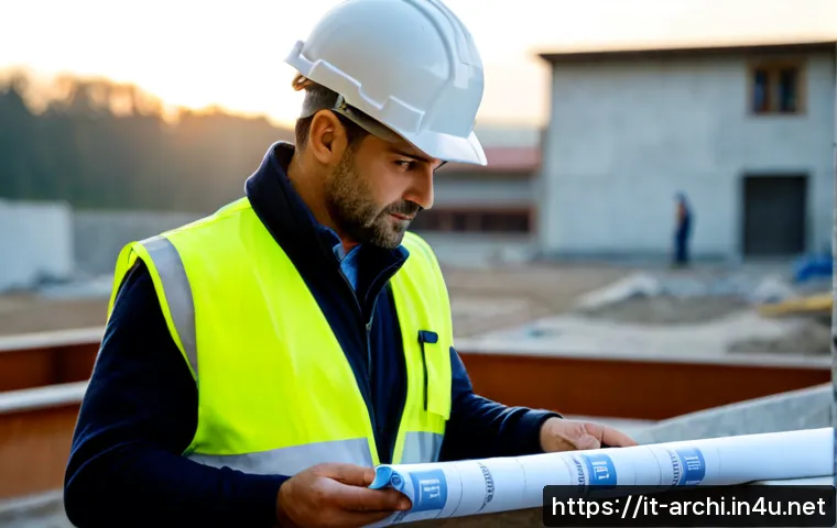 Home 17 건축가가 현장에서 배운 교훈 - Photorealistic Italian architect in a safety helmet and reflective vest reviewing a detailed buildin...
